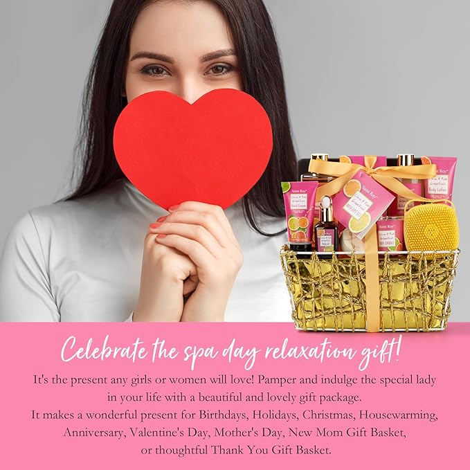 Bath & Body Gift Set, Luxury Home Spa Bath Gift Basket Citrus & Pink Grapefruit Spa Kit Gift Woman, 11 Pcs Self Care Kit Gifts With Bubble Bath, Massage Oil, Bath Brush, Birthday Gifts for Women-Velvo Beauty