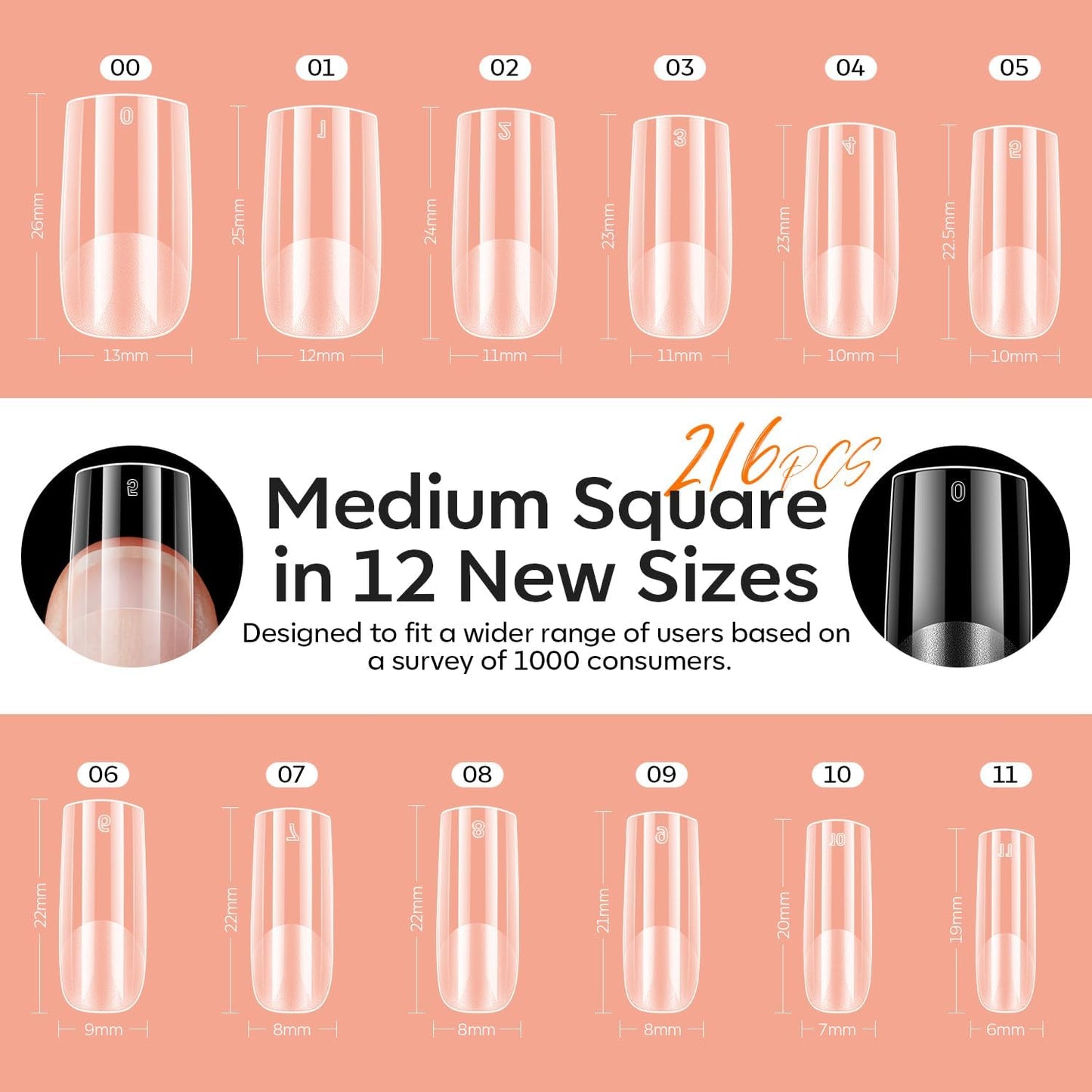 modelones Medium Square Gel Nail Tips Kit, 9-in-One Nail Glue with Portable U V Lamp 216Pcs 12Sizes Pre-Etched Press ons Fake Acrylic Extension Kit DIY Salon Gift for Women-Velvo Beauty