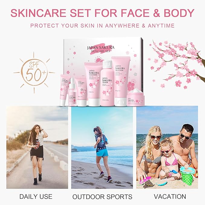 Skin Care Set JAPAN-SAKURA Women Beauty Gift Sets Skin Care Kit, Self-Care Skincare Set: Cleanser,Toner,Serum,Cream,Mud Mask,Eye Cream,Sunscreen, Facial Kit for Women Teen Girls Mom Daughter 7pcs-Velvo Beauty