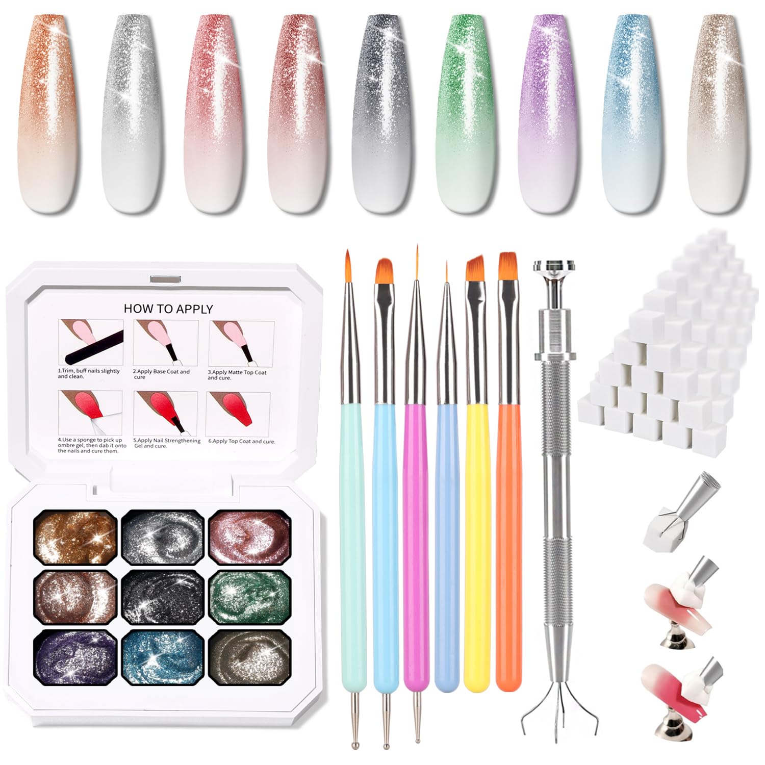 Sponge Pat Paint Nail Gel & Tools Kit, 9 Colors Ombre Nails Gradient Gel Nail Blush Blooming Aura Nails Drawing Stripper Floral Painting Nail Art, No Wipe, UV/LED Curing (9 Colors Set J)-Velvo Beauty