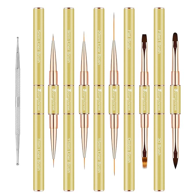 Nail Art Brushes for Nail Art, Professional 5Pcs Double-Ended Acrylic Nail Brush Set for Details, Long Lines, Ombre & 3D Design-Perfect for DIY Manicures & Salons (Gold)-Velvo Beauty