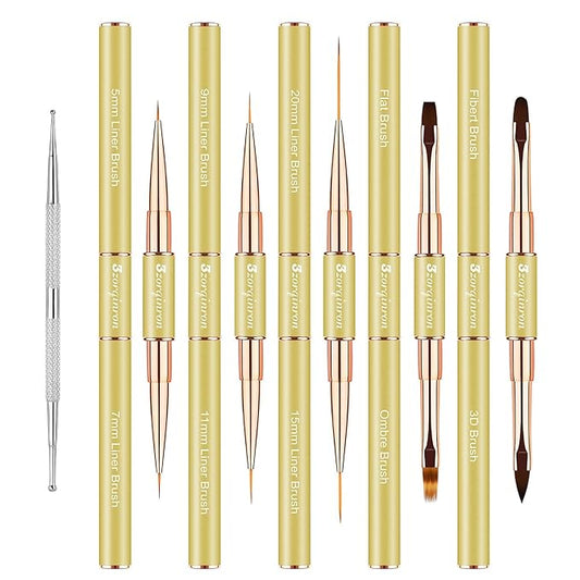 Nail Art Brushes for Nail Art, Professional 5Pcs Double-Ended Acrylic Nail Brush Set for Details, Long Lines, Ombre & 3D Design-Perfect for DIY Manicures & Salons (Gold)-Velvo Beauty