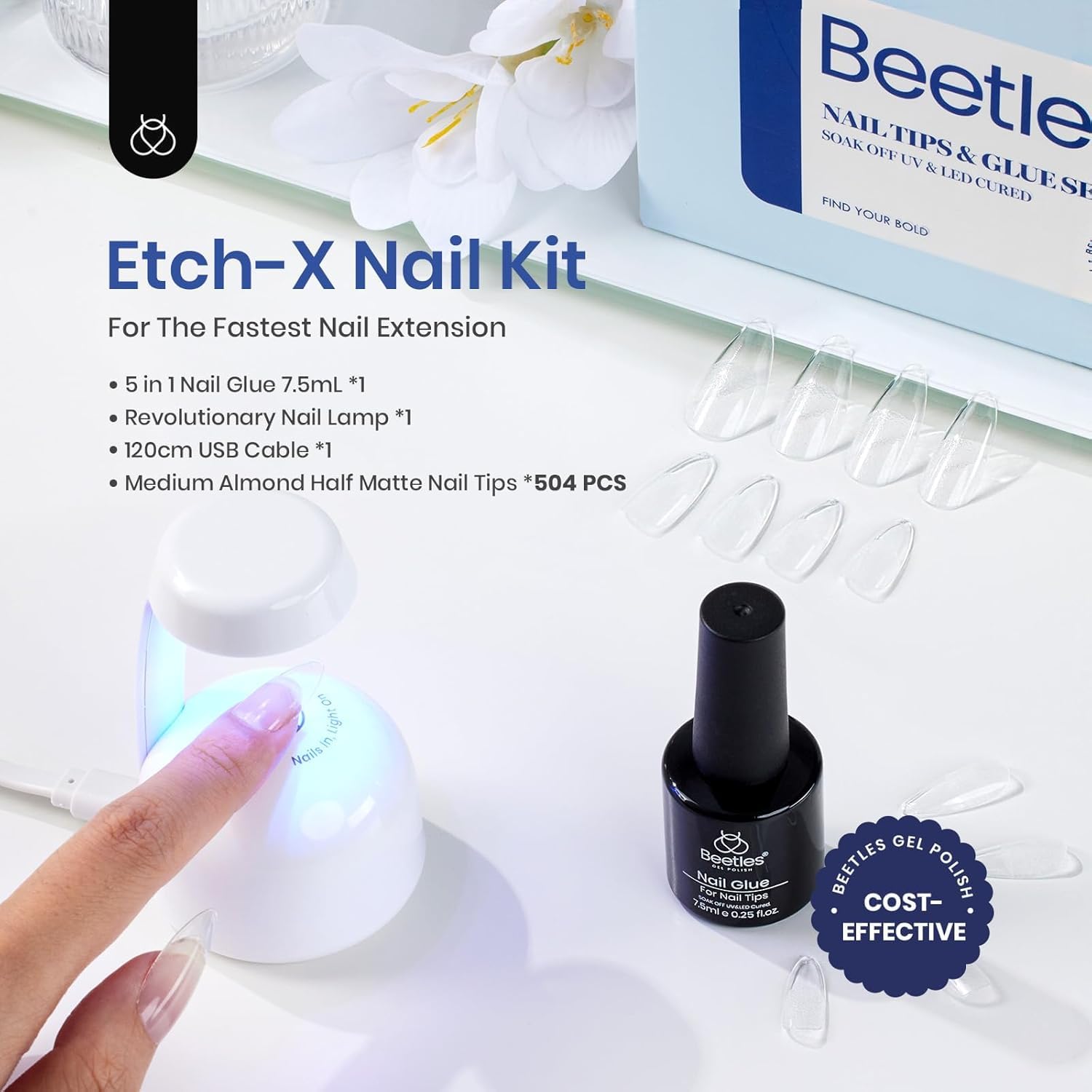 Beetles Gel Nail Kit Etch-X, Almond Medium, 500pcs 12 Sizes, with 9 in 1 Glue Mini Nail Lamp, Fall Nails, Pre-Etched Half Matte Easy Extension Set for Home DIY Salon Manicure Art-Velvo Beauty