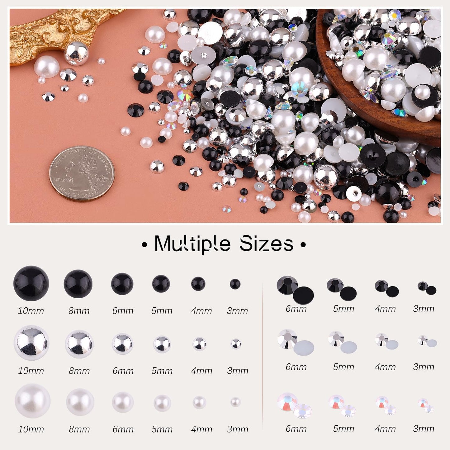 80g Flatback Pearls and Rhinestones for Crafting, Black White 3-10mm Resin Rhinestones and Half Pearls for Bedazzling, Nail Art and Dec with 3pcs 10ml B7000 Jewelry Glue, Tweezer and Pickup Pencil-Velvo Beauty