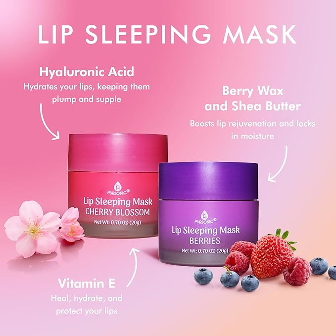 PURSONIC Lip Mask Overnight for Ultimate Lip Care - Hydrating Lip Moisturizer for Plump Lips Infused with Double Flavor Cherry Blossom and Berries - 2 Packs-Velvo Beauty
