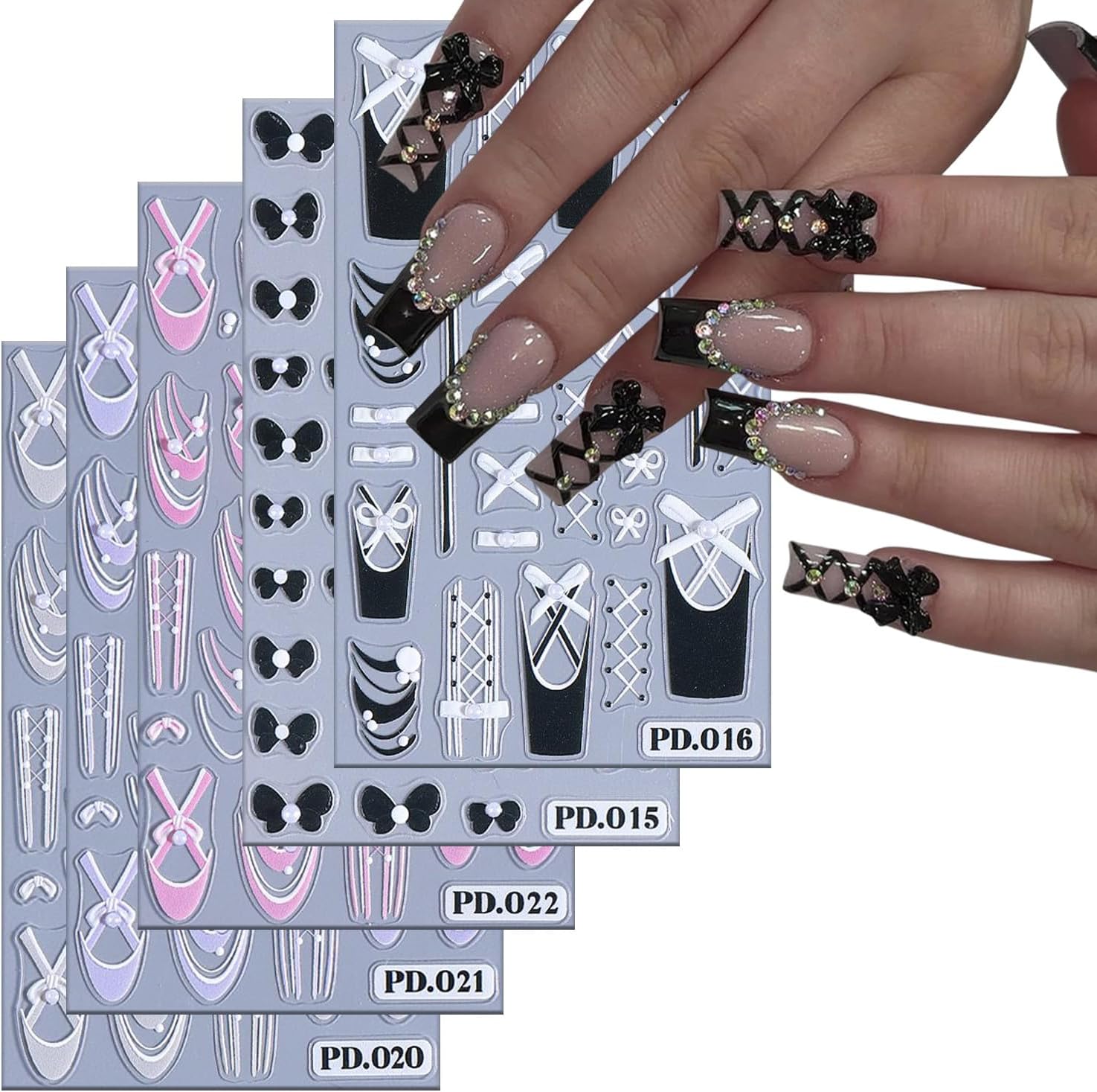 5 Sheets Ballet Bow Nail Art Stickers 5D Relief Self -Adhesive Pearl Bow Nail Decals Holographic Lace Bows Love Heart Nail Stickers French Nail Decoration for Women Manicure Supplies-Velvo Beauty