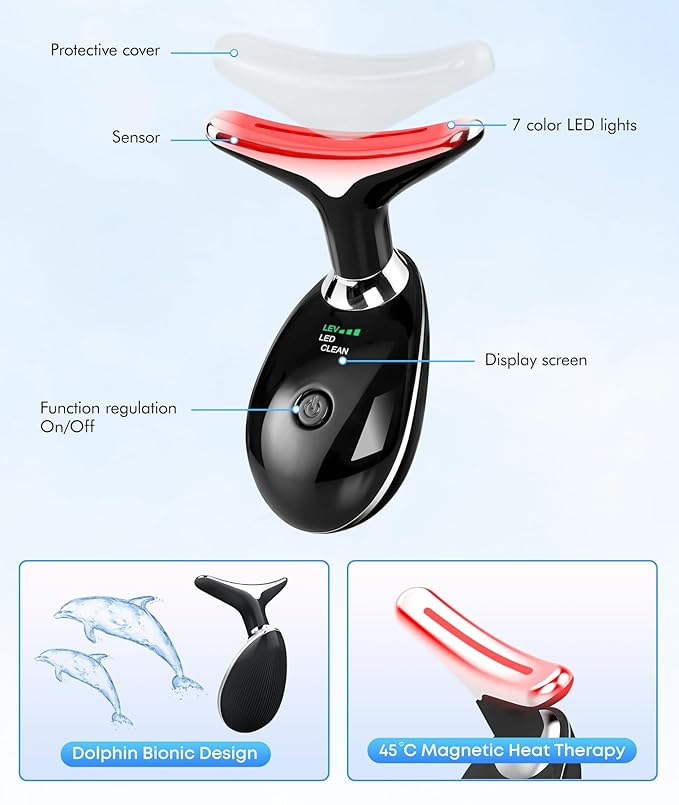 Red-Light-Therapy-for-Face-and-Neck, 7 Color Face Massager Tool for Wrinkles, Double Chin, Vibrating Facial Massager with Thermals for Skin Care, Glossy Black-Velvo Beauty