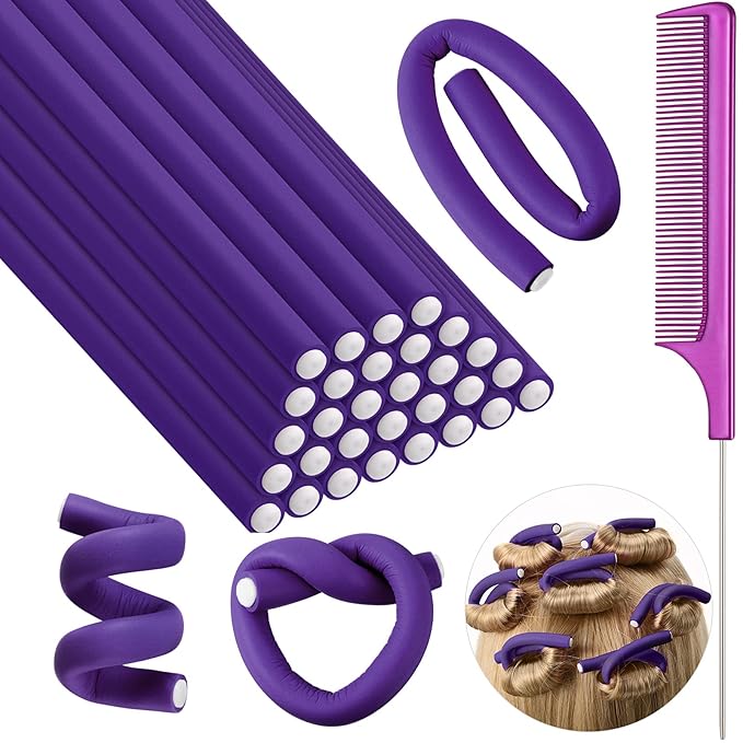 Syhood 30 Pcs 7'' Flexible Curling Rods Twist Foam Hair Rollers Soft Foam No Heat Hair Rods Rollers and 1 Steel Pintail Comb Rat Tail Comb for Women Long Short Hair(Purple,7 x 0.3 Inch)-Velvo Beauty