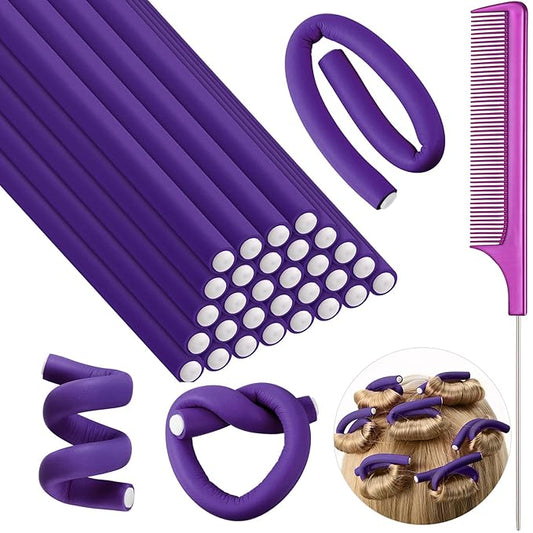 Syhood 30 Pcs 7'' Flexible Curling Rods Twist Foam Hair Rollers Soft Foam No Heat Hair Rods Rollers and 1 Steel Pintail Comb Rat Tail Comb for Women Long Short Hair(Purple,7 x 0.3 Inch)-Velvo Beauty