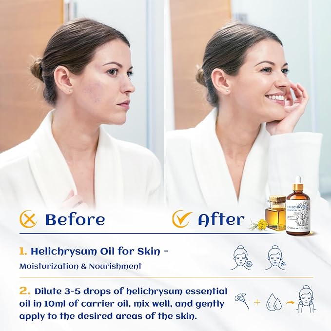 HIQILI Helichrysum Essential Oil for Skin Nourish, Undiluted & Natural, Relieve Fatigue in Body Massage, Reduce Fine Line and Wrinkle, Aromatherapy Diffuser, DIY Floral Scented Gift -100ML-Velvo Beauty