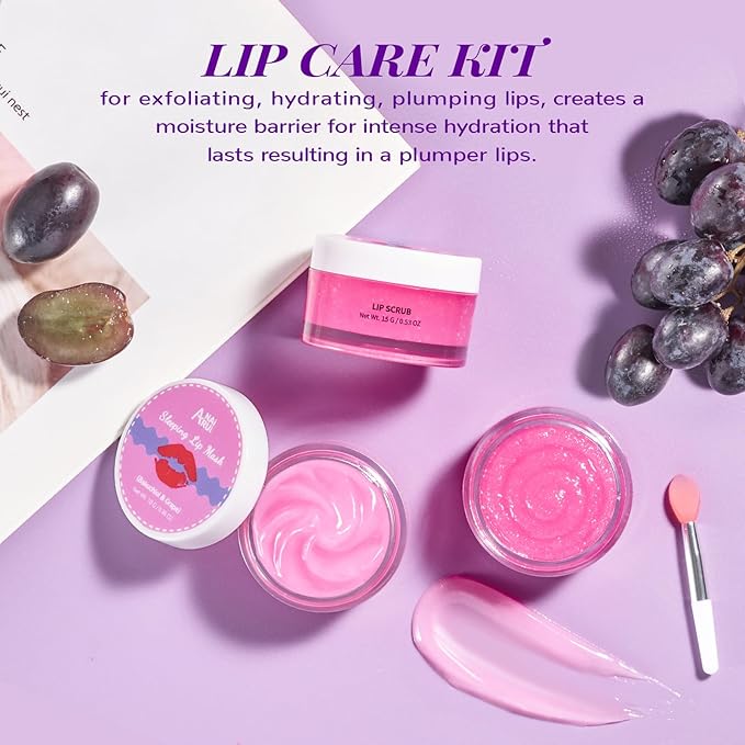 ANAI RUI Lip Therapy Set, Lip Scrub & Lip Mask, Overnight Hydrating Lip Moisturizer with Lip Exfoliator Scrub and Lip Sleeping Mask for Lip Plumping, Lip Gift Kit for Dry, Chapped, Dark Lips, Grape-Velvo Beauty