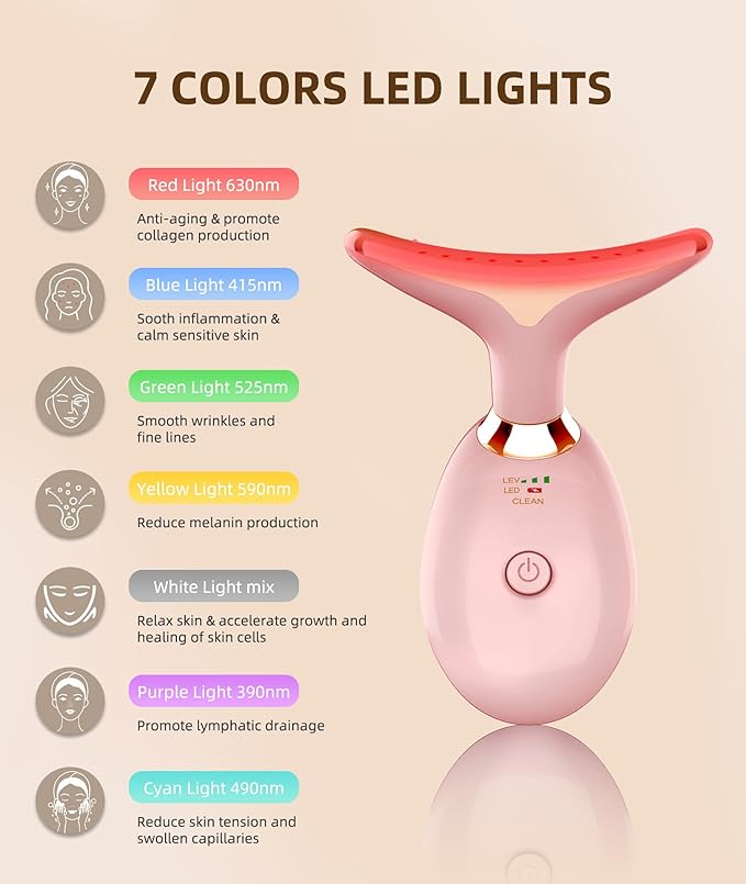 7 Color Face and Neck Massager Light Therapy, Red Light Based Facial Massager for Skin Care, Firming, Smoothing (Rose Golden)-Velvo Beauty
