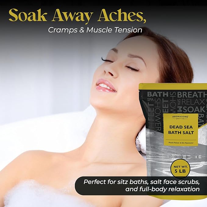 Aromasong Dead Sea Bath Salt - 100% Pure & Natural Dead Sea Salts for Soaking Fine Grain 5 LB - Bulk Resealable Pack (Packaging May Vary) Used for Body wash Scrub - Soak for Women & Men.-Velvo Beauty