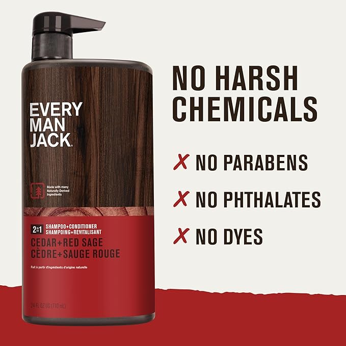 Every Man Jack 2-in-1 Daily Shampoo + Conditioner - Cedar and Red Sage | Nourishing For All Hair Types, Naturally Derived, Cruelty-Free Shampoo and Conditioner Set for Men | 24oz -1 Bottle-Velvo Beauty