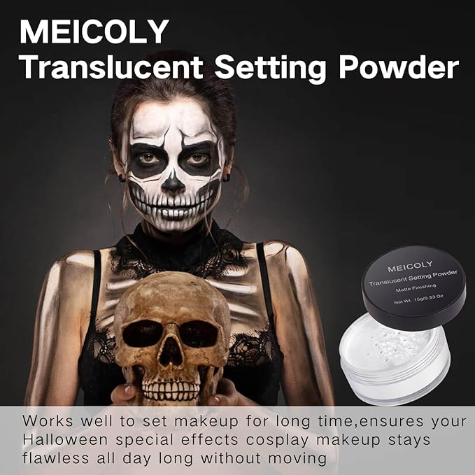 MEICOLY Talc-Free Setting Powder with Sifter,Long Lasting Loose Face Powder,Translucent Powder Colorset Powder,Matte Finishing White Face Paint Setting Powder for Halloween SFX Makeup,Oil Control-Velvo Beauty