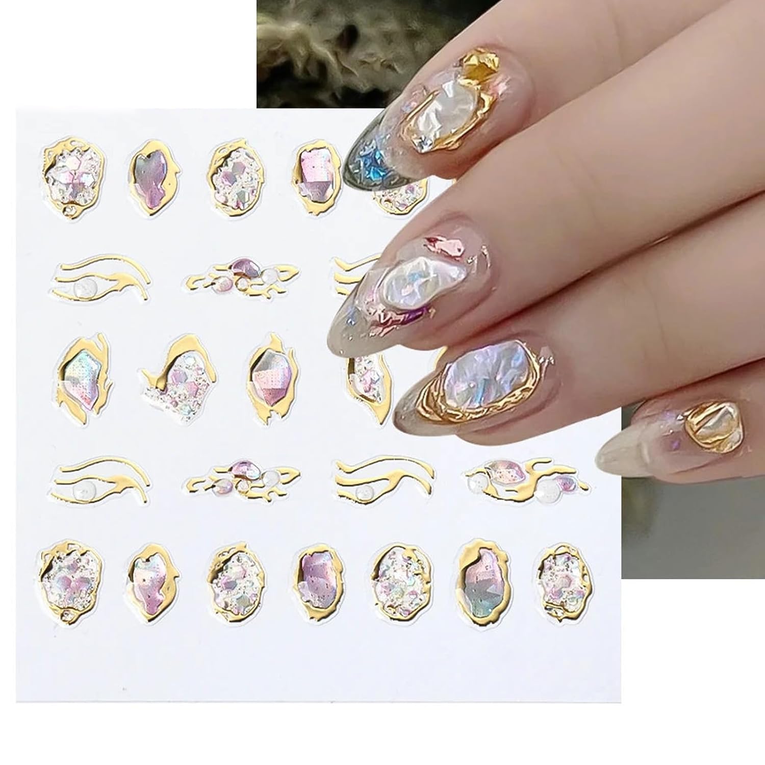 SILPECWEE 6 Sheets 5D Gold Embossed Nail Art Stickers Gem Crystal Irregular Geometric Frames Nail Stickers Designs Hollow Nail Decals Self Adhesive DIY Acrylic Nails Accessories-Velvo Beauty