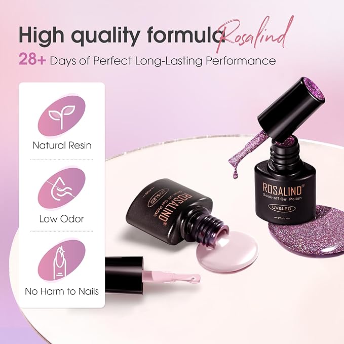 ROSALIND Pink Purple Gel Nail Polish Set, 8 Colors Pink Glitter Gray Gel Polish, Gentle Pink Elegant Purple Classic Gel Polish Collection Nail Art Gift DIY at Home-Velvo Beauty