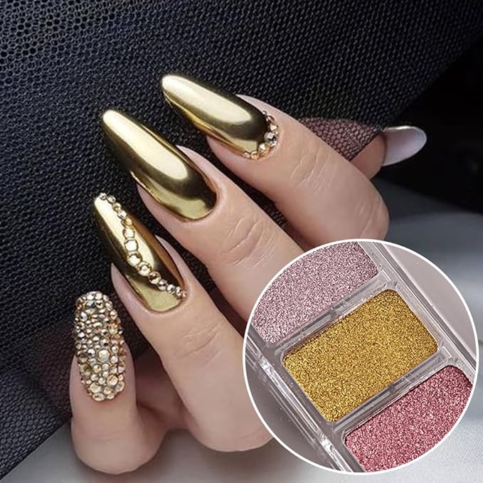 6 Colors Solid Chrome Nail Glitter Powder Set Metallic Mirror Chrome Powder for Nails, Gold Rose Gold Champagne Mutil Colors Palette Nail Pigment Powder Manicure Nail Art Decorations-Velvo Beauty