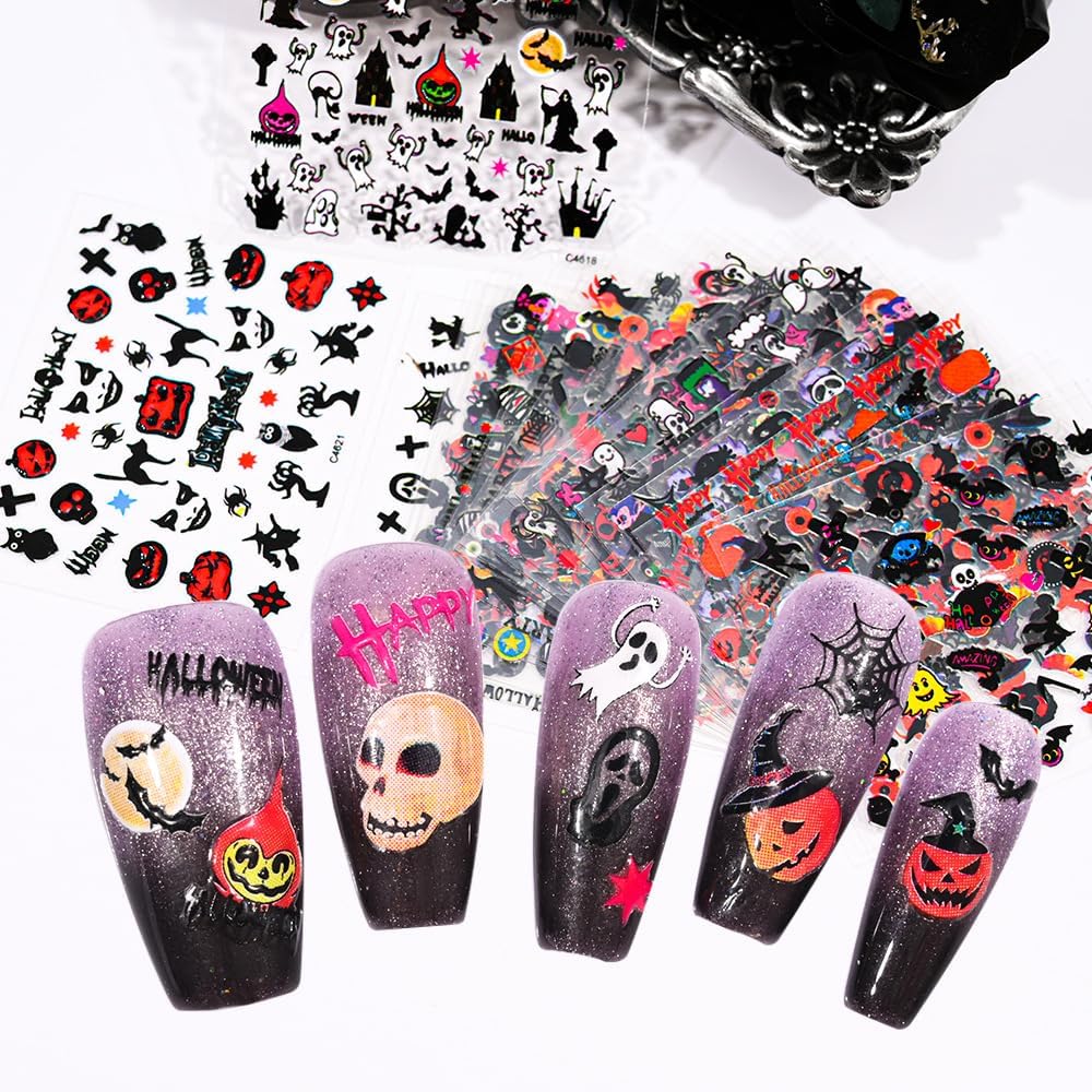 30 Sheets Halloween Nail Stickers Pumpkin Ghost Face Nail Charms Decals 3D Self Adhesive Spider Web Cat Bat Manicure Art Sticker for Acrylic Nails DIY Decorations-Velvo Beauty