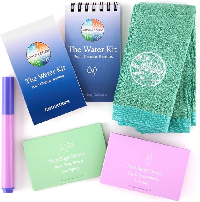 The Water Kit by Two Sage Sisters - Self Care Kit with Soap Sheets, Notebook, Marker, and Washcloth, Bath Shower Sets for Meditation and Relaxation, Mini Spa Kit Self Care Box for Women and Men-Velvo Beauty