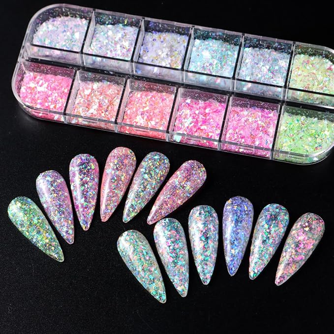 12 Colors Mermaid nail art glitter sequins Iridescent Ice Slag nail glitter flakes Ultra Thin Nail Art Designs 3D holographic nail sequins for Nail Art Supplies Manicure Decoration Accessories-Velvo Beauty