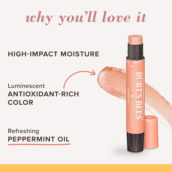 Burt's Bees Lip Balm, Moisturizing Lip Shimmer for Women, for All Day Hydration, with Vitamin E & Coconut Oil, 100% Natural, Apricot, 0.09 Ounce-Velvo Beauty