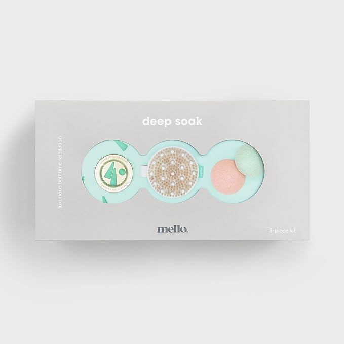 Mello Bath Accessories Deep Soak | Self Care Gifts for Women | Spa Gifts for Women & Relaxation Gifts for Women | Bath Accessories Includes Konjac Sponge, Incense Cones & Exfoliating Brush-Velvo Beauty