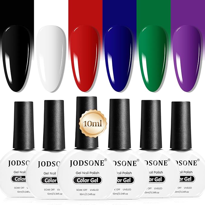 JODSONE 10ml Gel Nail Polish Set 6Colors Black White Red Deep Blue Dark Green Deep Purple All Seasons Neutral Soak Need U V/LED Lamp Curing-Velvo Beauty