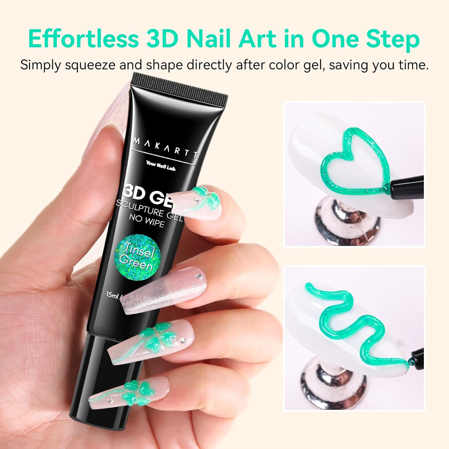 Makartt 3D Gel Nail Art- 3D Nail Gel Sculpting Gel for Nail Designs 15ml 3 in 1 No Wipe Polish for Drawing Carving Nails Molding Gels for Nail Decoration Charms- Tinsel Green-Velvo Beauty