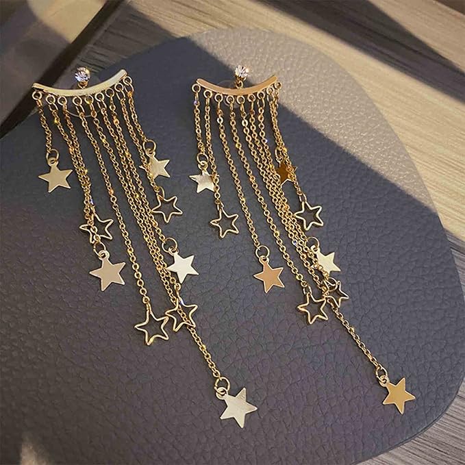 Boho Star Chain Tassel Earrings Gold Star Dangle Earrings Long Chain Drop Earrings Tiny Star Fringe Chain Earrings Jewelry for Women and Girls-Velvo Beauty