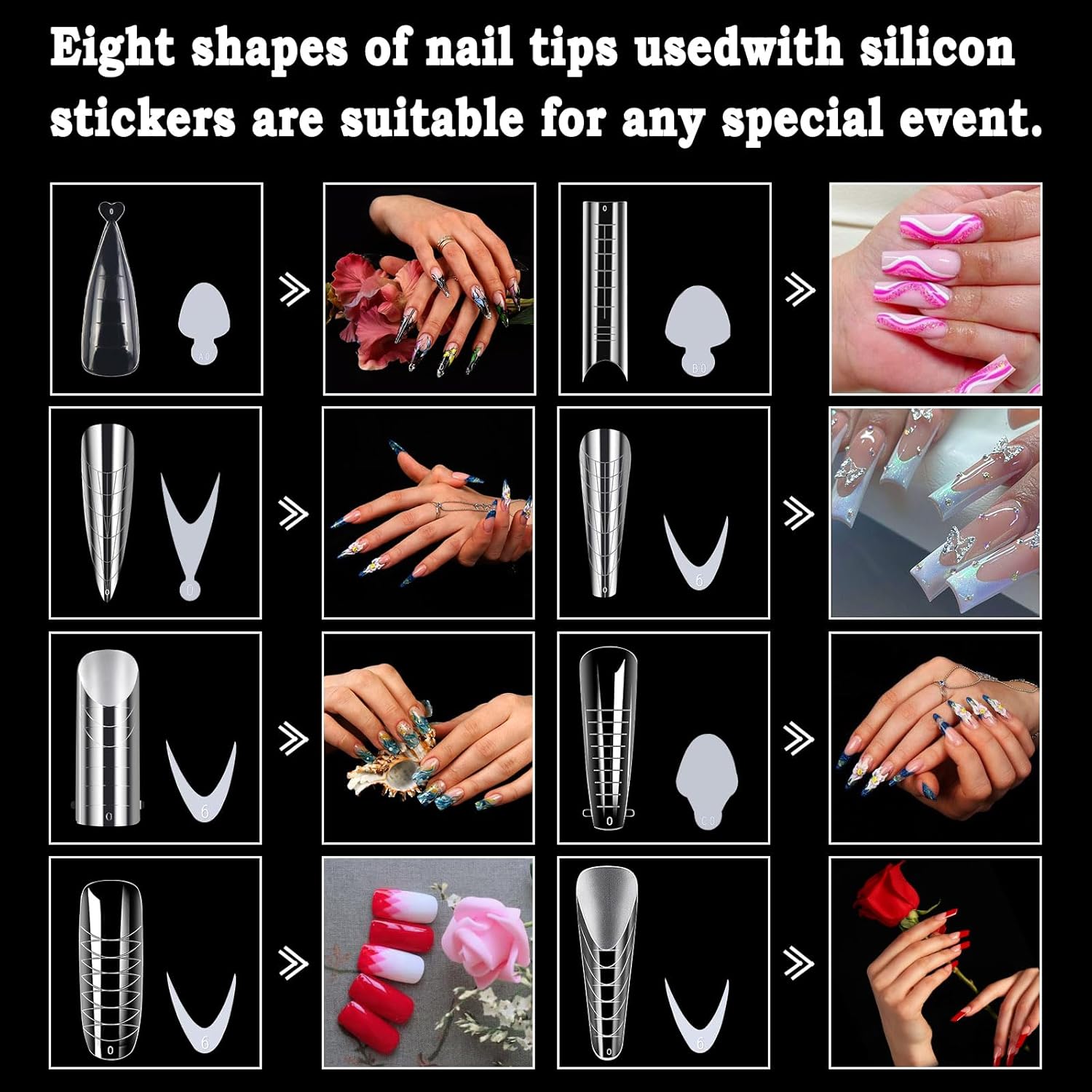 Allstarry 384pcs Nail Dual Forms, Silicone French Nail Forms for Poly Gel Nail Gel Extension Full Cover Acrylic Nail Tips 8 tpye nail form and Silicone Reusable Stickers for Manicure Extension-Velvo Beauty