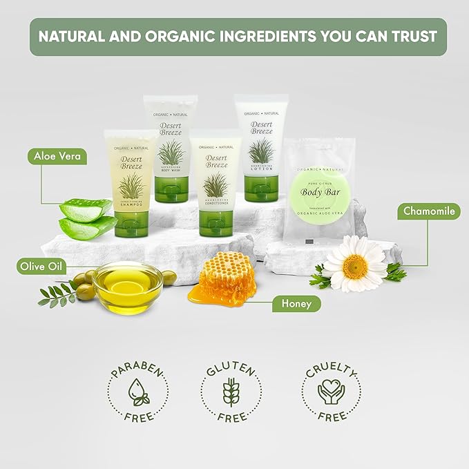 Dessert Breeze Amenity Kit | Boxed Hotel Toiletries | Bulk Set 1oz Travel Size Shampoo, Conditioner, Lotion, Body Wash & Body Bar Soap for Guest Hospitality AirBnB/Vacation Rentals | 60 sets per case-Velvo Beauty