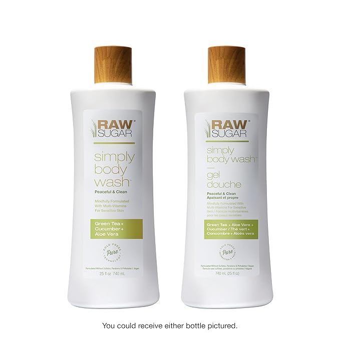 RAW SUGAR Sensitive Skin Simply Body Wash - Green Tea + Cucumber + Aloe Vera, Moisturizing & Brightening Bath & Shower Gel, Sulfate-Free, Paraben-Free & Vegan (Pack of 3)-Velvo Beauty