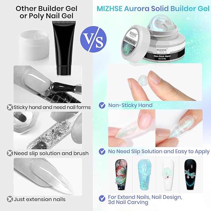 MIZHSE Mermaid Aurora Solid Builder Gel, 1oz Hard Gel for Nails 3D Non-sticky Builder Gels Polish Soak Off for Nails Salon Home DIY Manicure-Velvo Beauty
