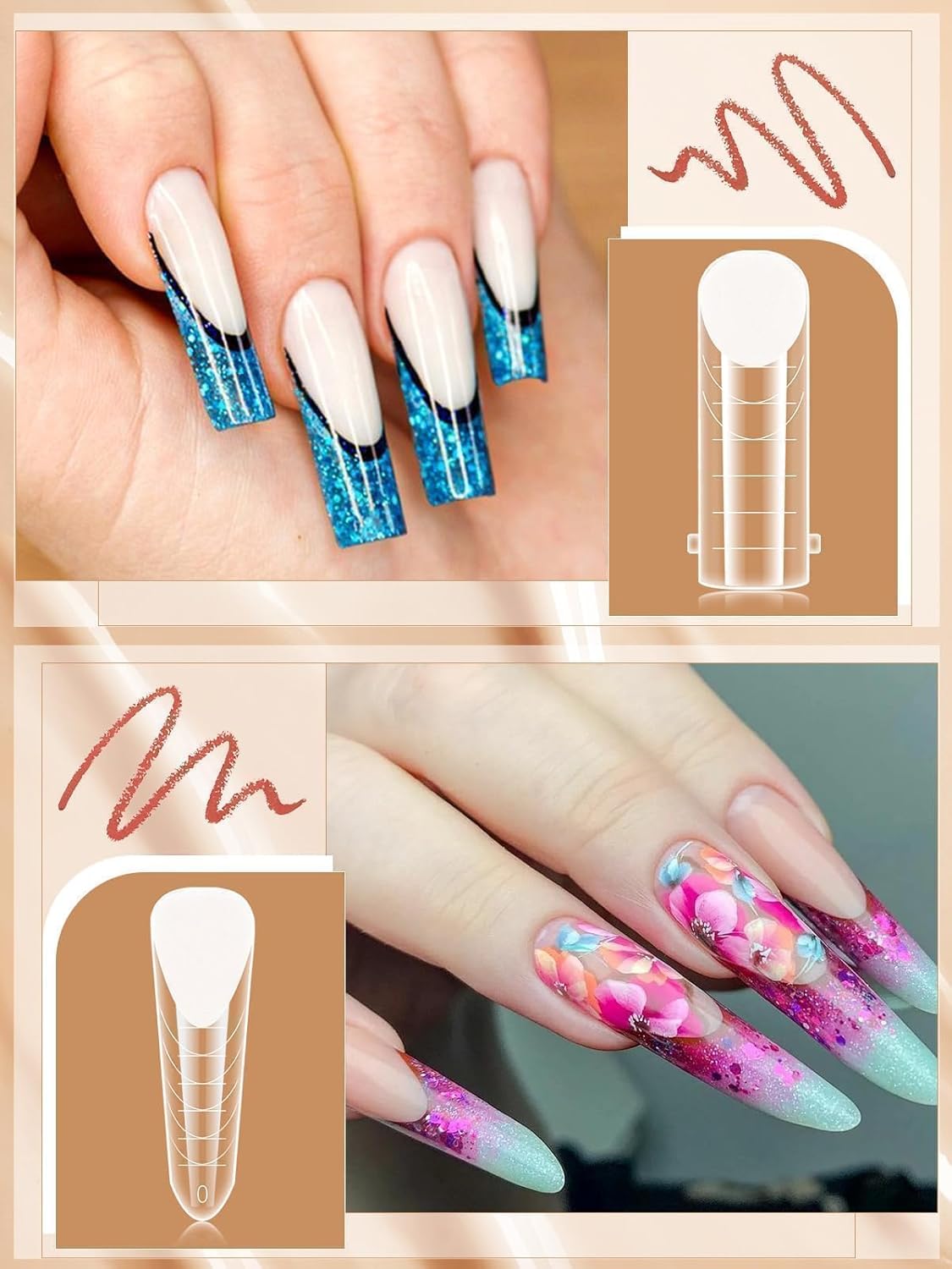 EBANKU 288PCS Poly Extension Gel Dual Nail Forms, Stiletto Coffin Acrylic Nail Forms for French Nails, 76PCS Duet System Dual Forms Sticker Silicone Pads, 6 Styles Scale for Manicure Extension-Velvo Beauty