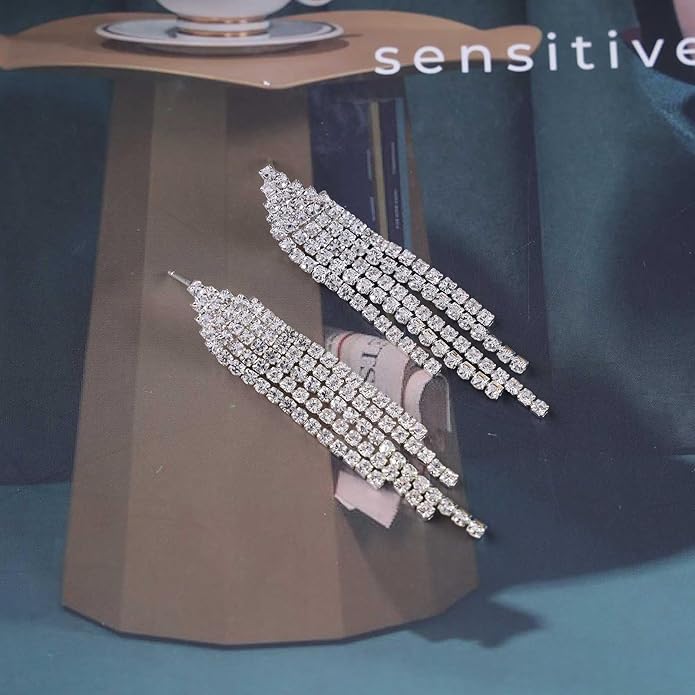 Vintage Rhinestone Chandelier Tassel Earrings Crystal Chain Drop Earrings Gold Long Tennis Chain Earrings Shine Chandelier Bridal Earrings Jewelry for Women-Velvo Beauty