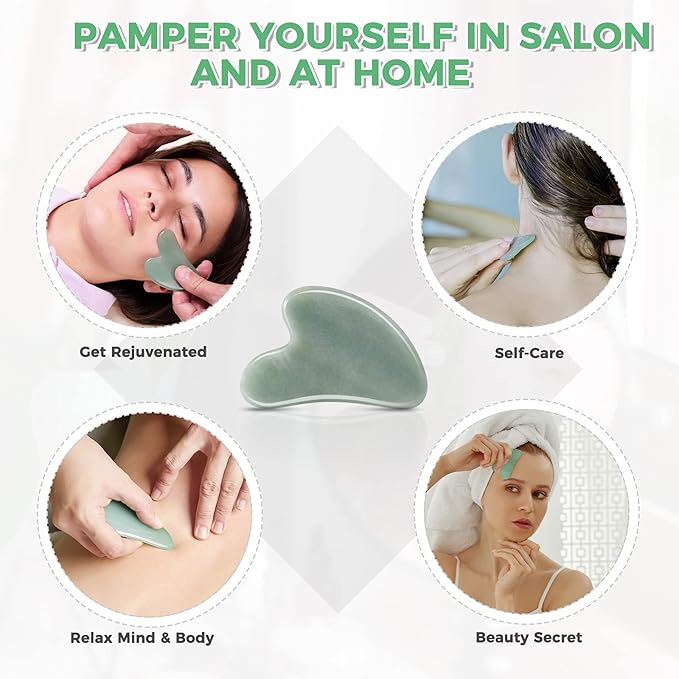 Gua Sha Guasha Facial Tools - Guasha Tool for Face Gua Sha Jade Stone Larbois Gua Sha Scraping Massage Tool for Face and Body SPA Acupuncture Therapy Relieve Muscle Tension Reduce Puffiness (Green)-Velvo Beauty
