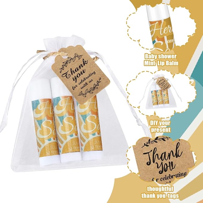 Demissle 50 Pcs Baby Shower Lip Balm Gift Set with 100 Pcs Organza Bags Baby Shower Party Favor for Guest Thank You Tag Rope Baby Shower Party Decoration Gender Reveal Souvenirs(Colorful Stripes)-Velvo Beauty