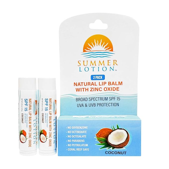 Natural Lip Balm with Zinc Oxide Sunblock by Summer Lotion, SPF 15 Lip Sunscreen 2-Pack, Water Resistant Chapstick, SPF Lip Protection for Everyone, (Coconut)-Velvo Beauty