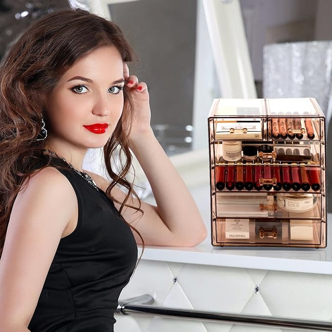 Sorbus Acrylic Clear Makeup Organizer - Big & Spacious Cosmetic Display Case - Stylish Designed Jewelry & Make Up Organizers and Storage for Vanity, Bathroom (4 Large, 2 Small Drawers) [Bronze Glow]-Velvo Beauty