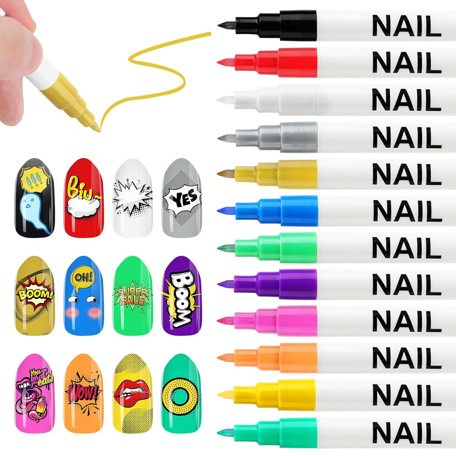 Kalolary 12 Color 0.7MM Nail Art Pens Set, 3D Nail Polish Pens Nail Point Graffiti Dotting Pen Drawing Painting Liner Brush for DIY Nail Art Beauty Adorn Manicure Tools-Velvo Beauty