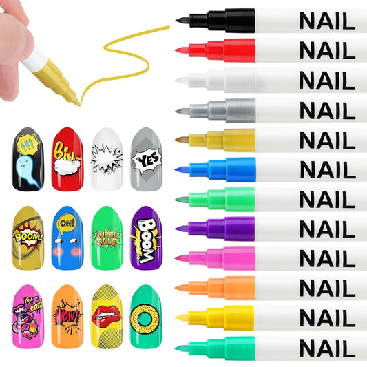 Kalolary 12 Color 0.7MM Nail Art Pens Set, 3D Nail Polish Pens Nail Point Graffiti Dotting Pen Drawing Painting Liner Brush for DIY Nail Art Beauty Adorn Manicure Tools-Velvo Beauty