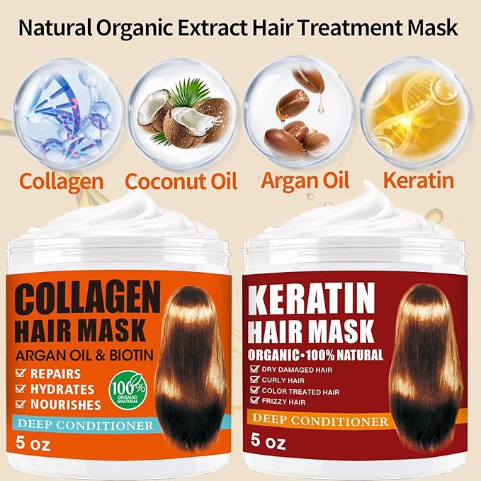 2 Pack Collagen Hair Mask & Keratin Hair Mask,Keratin Hair Treatment,Hydrating Argan Oil Hair Repair Treatment Deep Conditioner Hair Mask for Dry Hair,Collagen with Biotin Hair Treatment Mask-Velvo Beauty