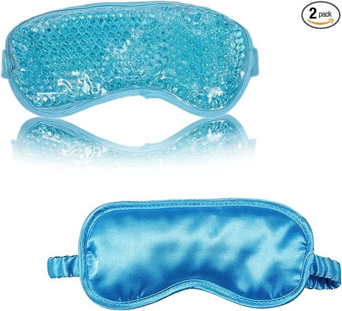 Silk Eye Mask (2packs) for Sleeping, Cooling and Heated Eye Mask, Adjustable Eyeshade Mask Satin Night Travel Gift for Women Men (1silk Eyes Blue mask +1hot&Cold Blue Eyes mask)-Velvo Beauty