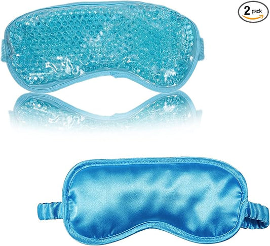 Silk Eye Mask (2packs) for Sleeping, Cooling and Heated Eye Mask, Adjustable Eyeshade Mask Satin Night Travel Gift for Women Men (1silk Eyes Blue mask +1hot&Cold Blue Eyes mask)-Velvo Beauty