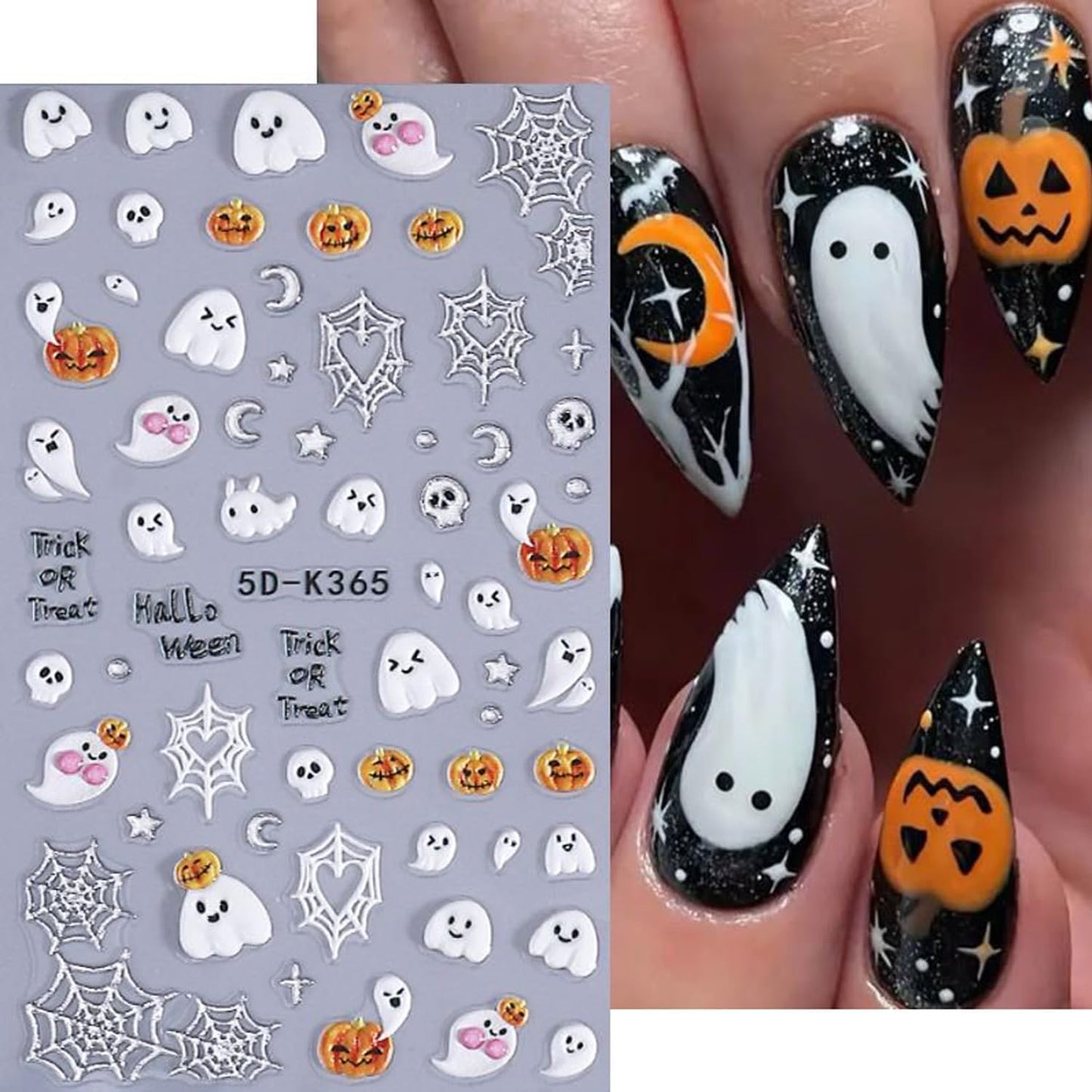 2Sheet Halloween Nail Art Stickers 5D Relief Cartoon Ghost Cat Dark Self-Adhesive Sticker Nail Decals Cute Ghost Pumpkin Pattern Nail Art Slider DIY for Women Girl Cute Halloween Nail Decoration-Velvo Beauty