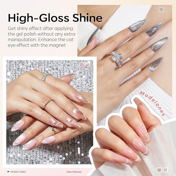 Modelones Cat Eye Gel Nail Polish Set, Holographic Glitter 6 Colors with Magnet, Sparkle Galaxy Series Nude Pink Gel Polish, Soak Off Led Gel Polish Kit, Nail Art, Salon DIY Gifts-Velvo Beauty
