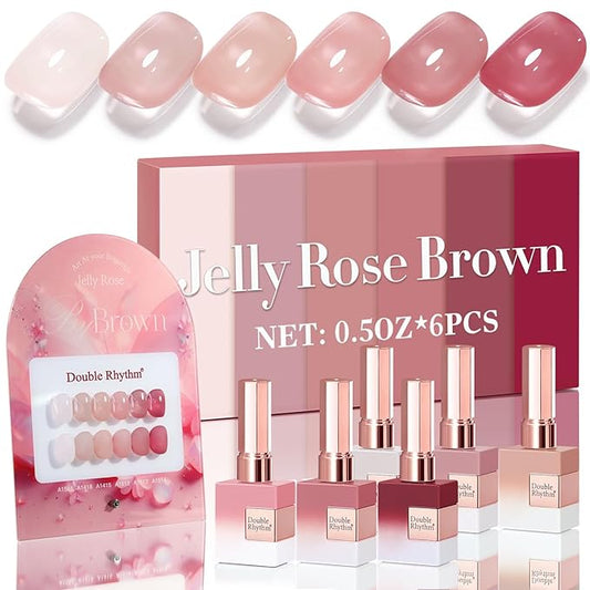 Double Rhythm 6 Pcs 15 ML Gel Polish Set Same Color Same Bottle Soak Off Gel Polish Kit Nail Art Manicure Salon DIY at Home for Women (Jelly Translucent Rose Pink Burgundy Red-T6-2)-Velvo Beauty
