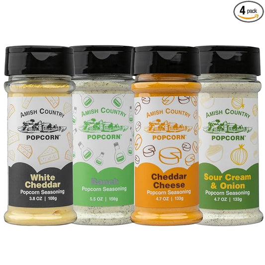 Amish Country Popcorn | Seasoning Variety Pack | 4 Bottles | White Cheddar - Cheddar Cheese - Sour Cream & Onion -Ranch | Nut Free | Old Fashioned, Non-GMO and Gluten Free-Velvo Beauty