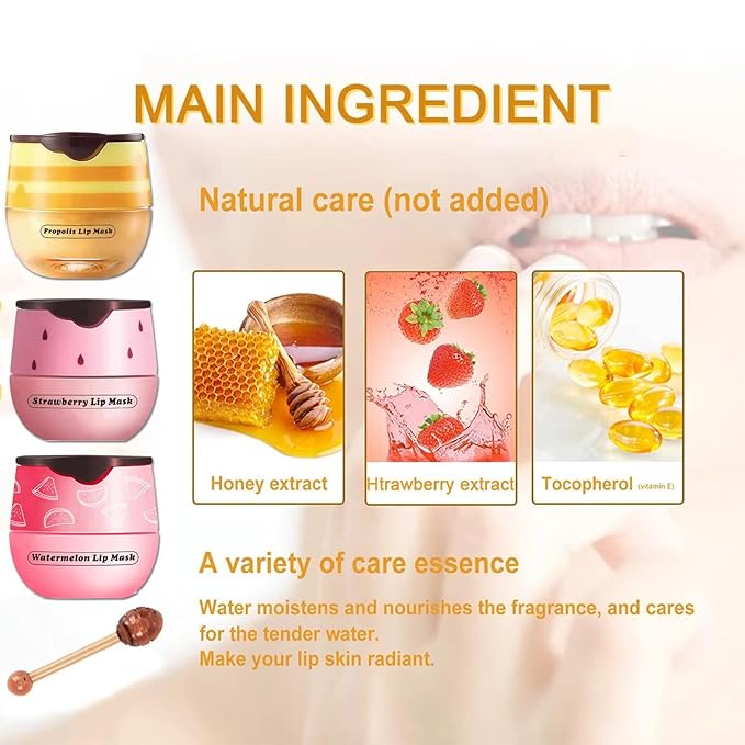 Bee Lip Balm Honey Pot, Watermelon Sleeping Lip Mask Overnight Hydrating Dry and Crack Lip Exfoliator Scrubs Propolis Lip Balm (Watermelon)-Velvo Beauty